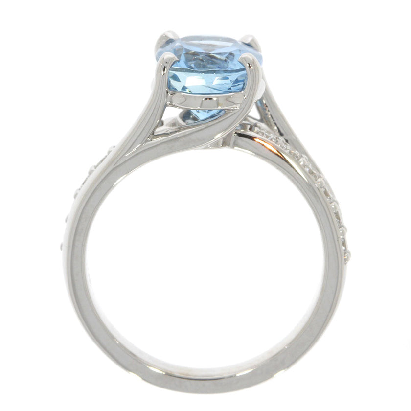 14K White Gold Oval Aquamarine and Diamond Bypass Ring