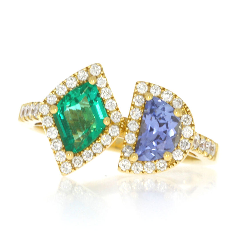 18K Yellow Gold Emerald and Blue Sapphire Ring, with Diamond Halo and Accented Band