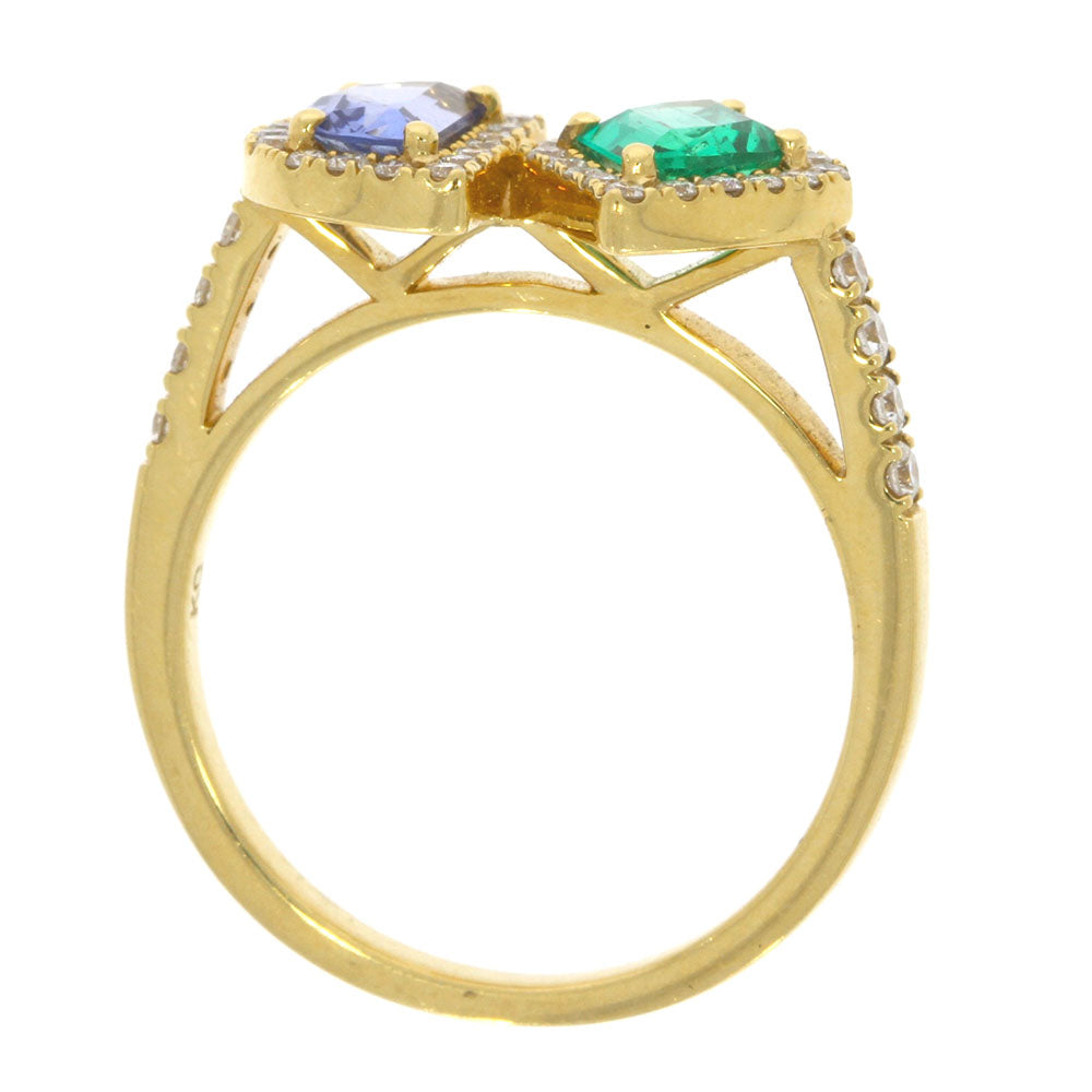 18K Yellow Gold Emerald and Blue Sapphire Ring, with Diamond Halo and Accented Band