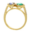 18K Yellow Gold Emerald and Blue Sapphire Ring, with Diamond Halo and Accented Band