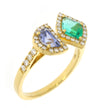 18K Yellow Gold Emerald and Blue Sapphire Ring, with Diamond Halo and Accented Band