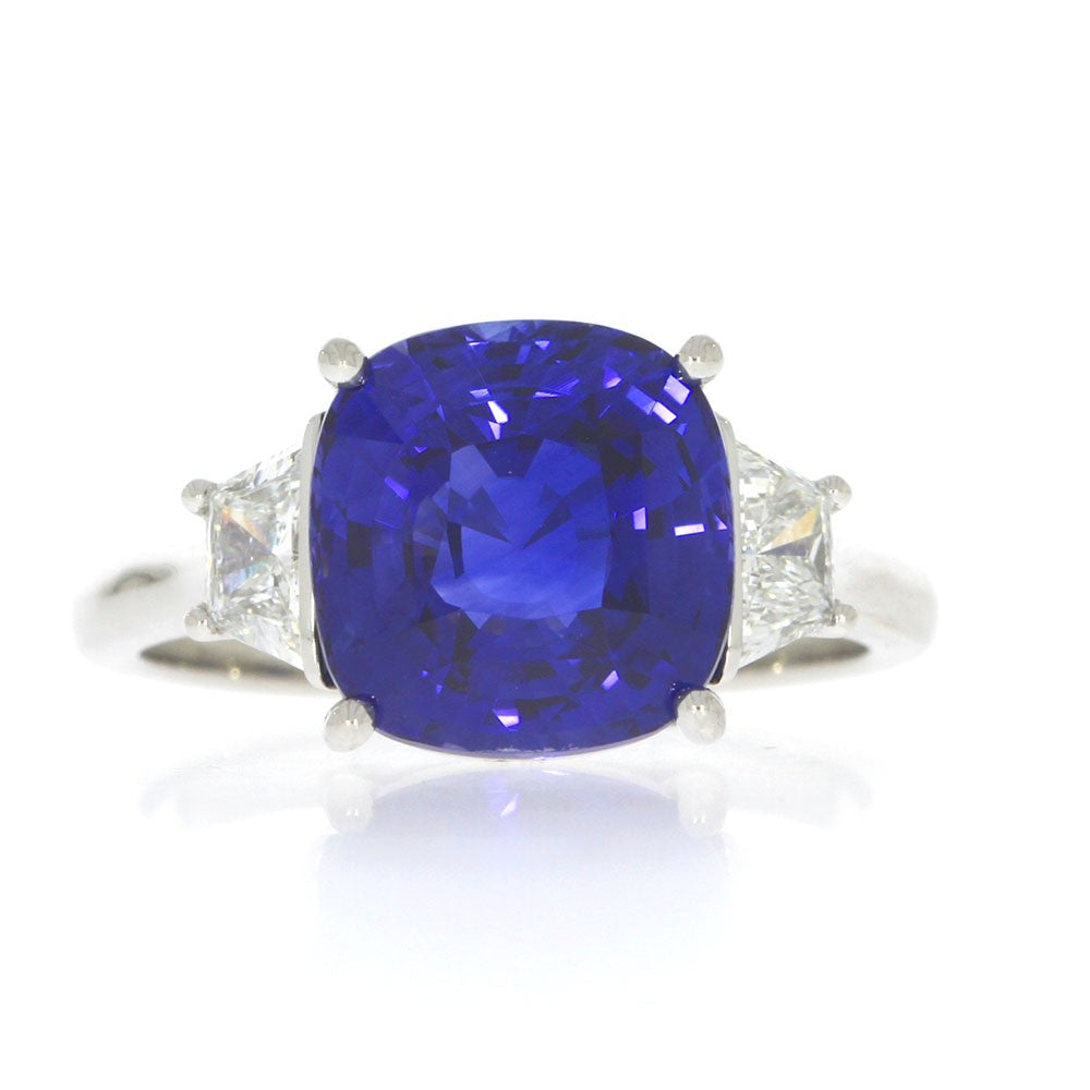 Platinum And Cushion Cut Natural Blue Sapphire And Natural Trapezoid Diamond Three Stone Ring