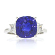 Platinum And Cushion Cut Natural Blue Sapphire And Natural Trapezoid Diamond Three Stone Ring
