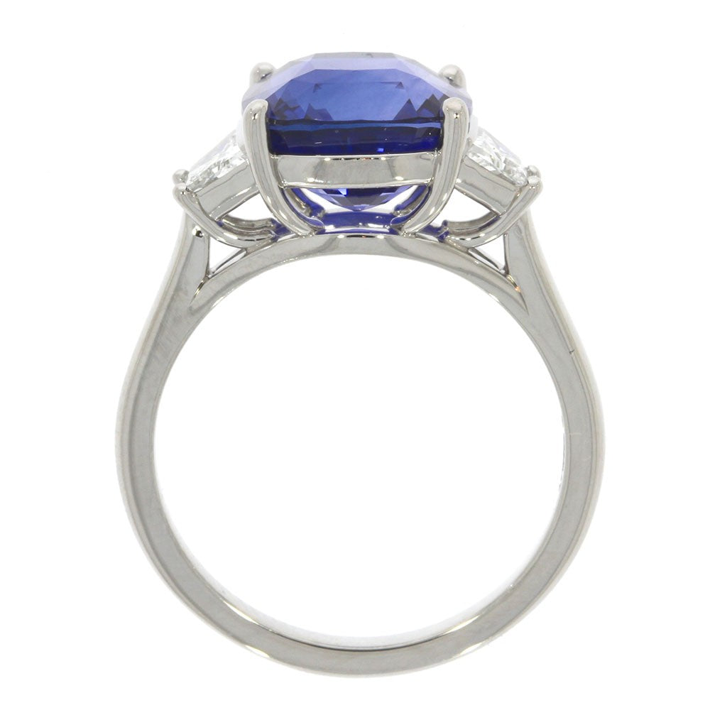 Platinum And Cushion Cut Natural Blue Sapphire And Natural Trapezoid Diamond Three Stone Ring