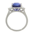 Platinum And Cushion Cut Natural Blue Sapphire And Natural Trapezoid Diamond Three Stone Ring