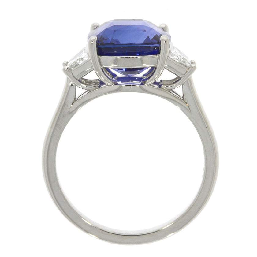 Platinum And Cushion Cut Natural Blue Sapphire And Natural Trapezoid Diamond Three Stone Ring
