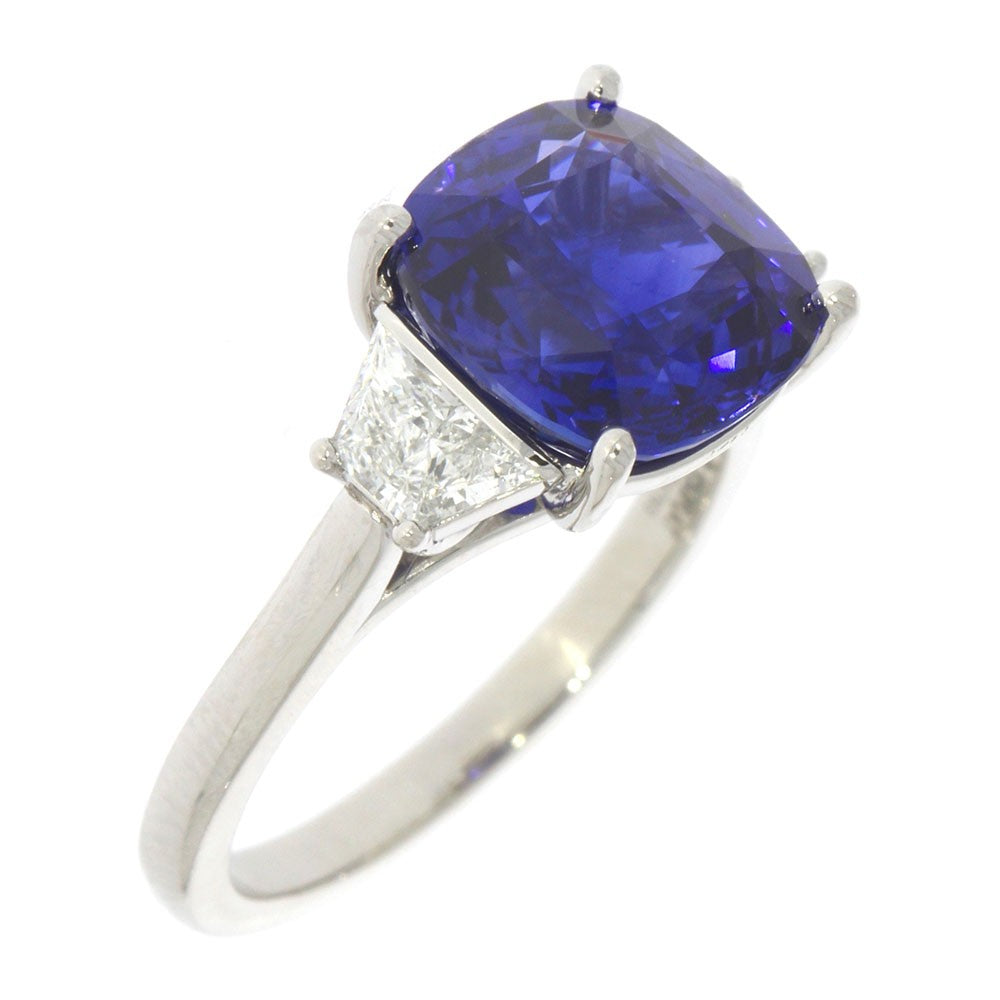 Platinum And Cushion Cut Natural Blue Sapphire And Natural Trapezoid Diamond Three Stone Ring