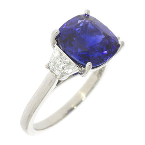Platinum And Cushion Cut Natural Blue Sapphire And Natural Trapezoid Diamond Three Stone Ring