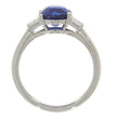 Platinum Cushion Cut Blue Sapphire and Trapezoid Diamond Three Stone Ring