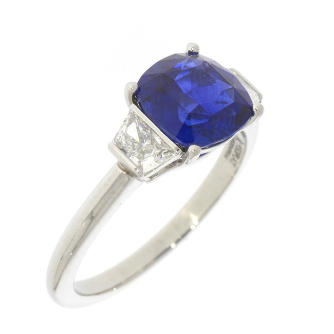 Platinum Cushion Cut Blue Sapphire and Trapezoid Diamond Three Stone Ring