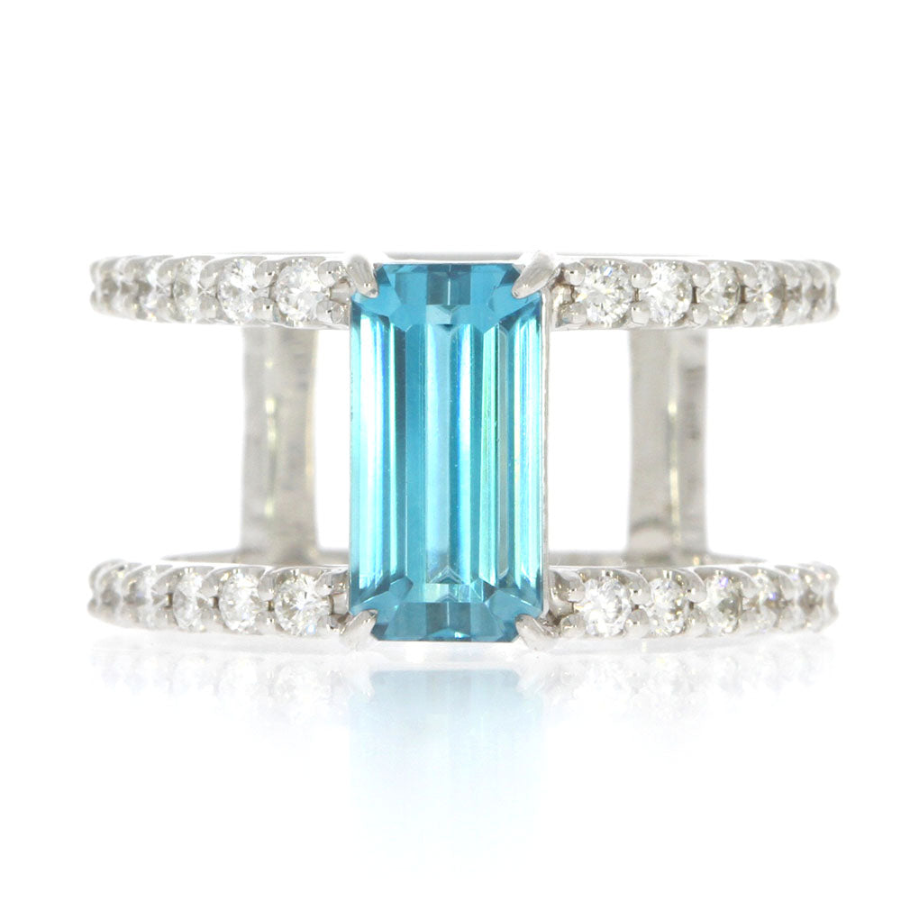 14K White Gold Blue Zircon and Diamond Double Band Ring