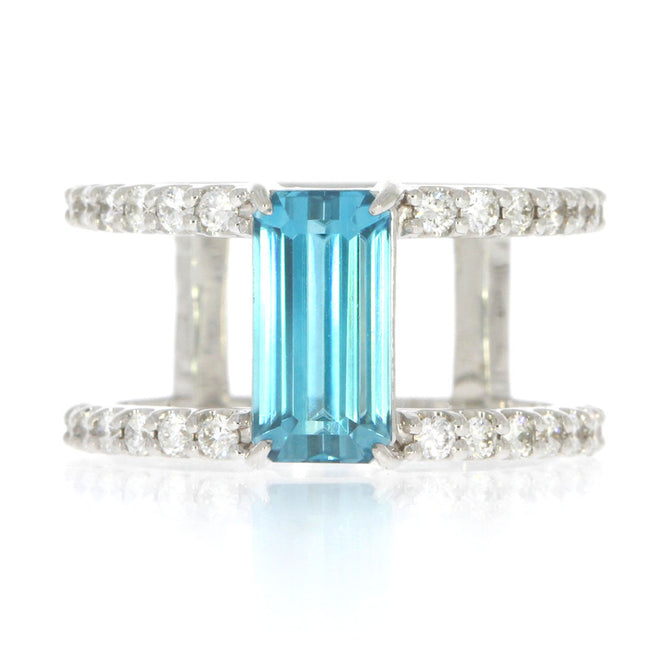 14K White Gold Blue Zircon and Diamond Double Band Ring