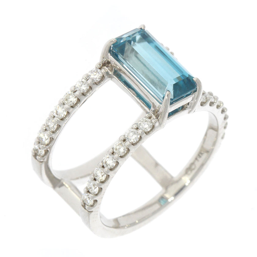14K White Gold Blue Zircon and Diamond Double Band Ring