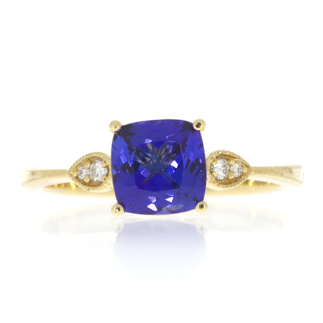 14K Yellow Gold Tanzanite and Diamond 3 Stone Style Ring