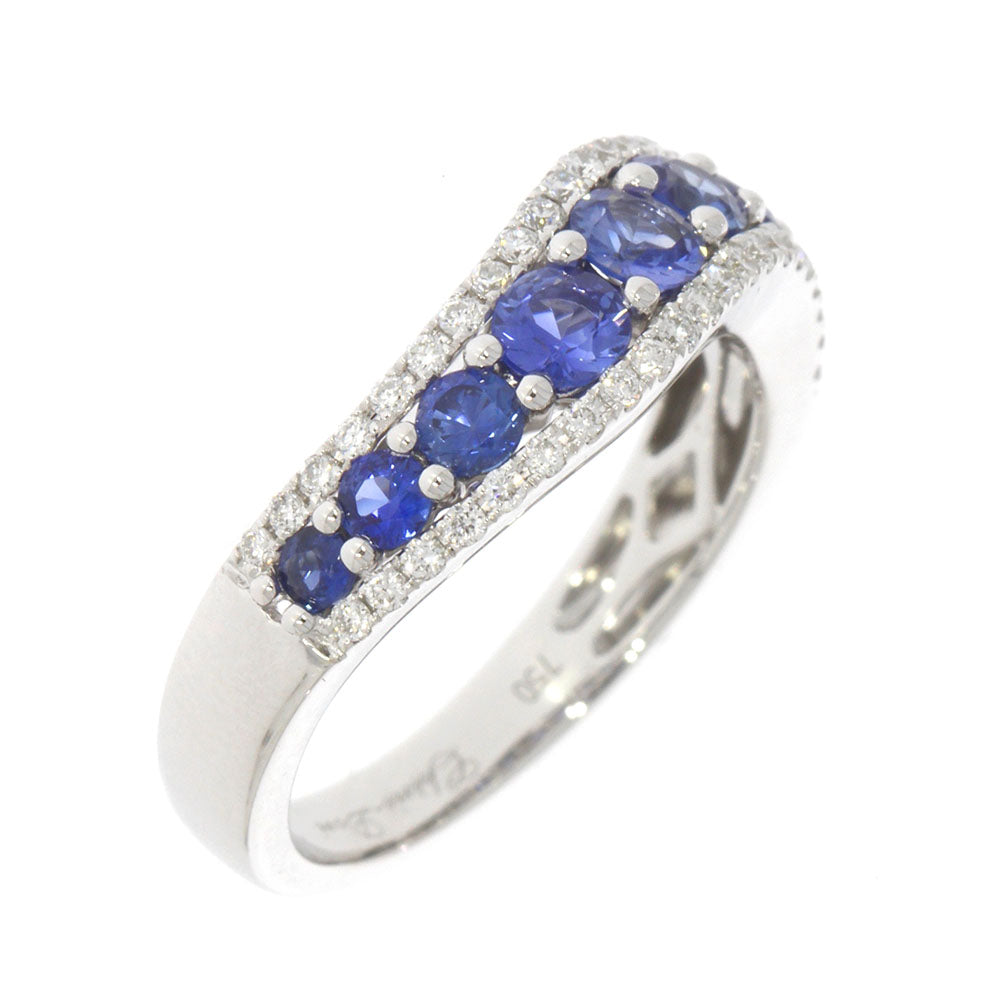 18K White Gold Blue Sapphire and Diamond Wave Contour Band