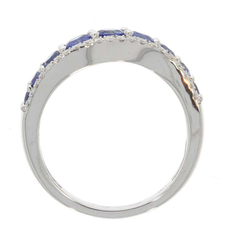 18K White Gold Blue Sapphire and Diamond Wave Contour Band