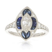 18K White Gold Bezel Set Marquise Diamond, and Blue Sapphire Art Deco Style Ring