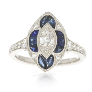 18K White Gold Bezel Set Marquise Diamond, and Blue Sapphire Art Deco Style Ring