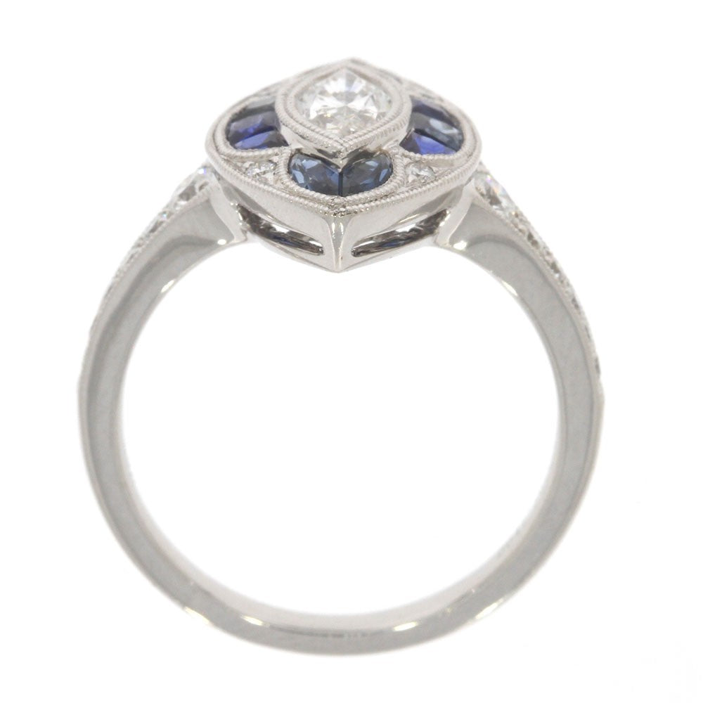 18K White Gold Bezel Set Marquise Diamond, and Blue Sapphire Art Deco Style Ring