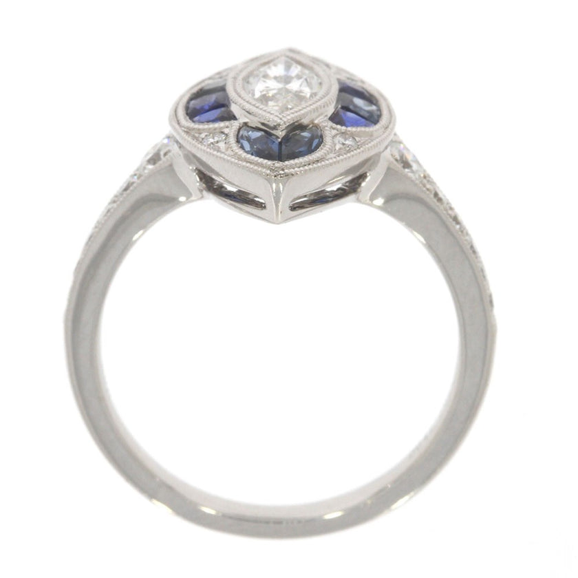 18K White Gold Bezel Set Marquise Diamond, and Blue Sapphire Art Deco Style Ring