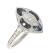 18K White Gold Bezel Set Marquise Diamond, and Blue Sapphire Art Deco Style Ring