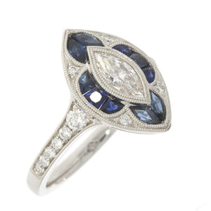 18K White Gold Bezel Set Marquise Diamond, and Blue Sapphire Art Deco Style Ring