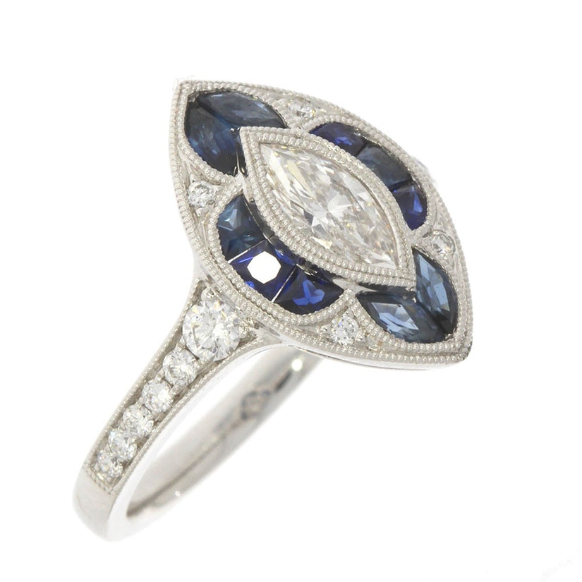 18K White Gold Bezel Set Marquise Diamond, and Blue Sapphire Art Deco Style Ring