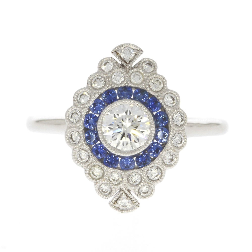 18K White Gold Blue Sapphire and Diamond Bezel Set Cluster Ring