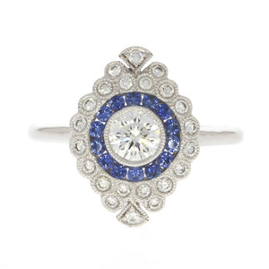 18K White Gold Blue Sapphire and Diamond Bezel Set Cluster Ring