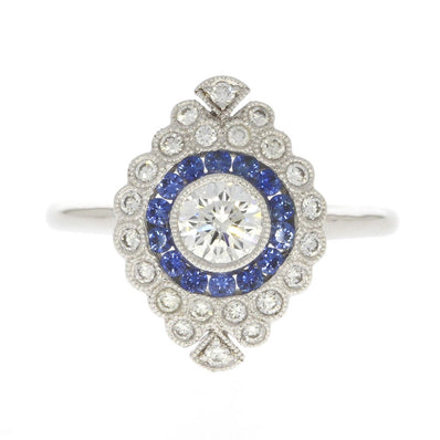 18K White Gold Blue Sapphire and Diamond Bezel Set Cluster Ring