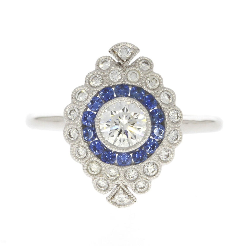 18K White Gold Blue Sapphire and Diamond Bezel Set Cluster Ring