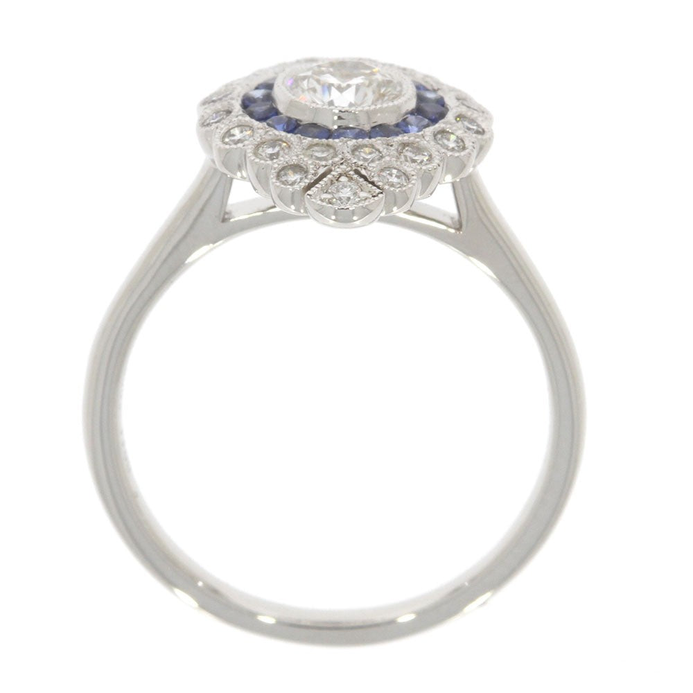18K White Gold Blue Sapphire and Diamond Bezel Set Cluster Ring