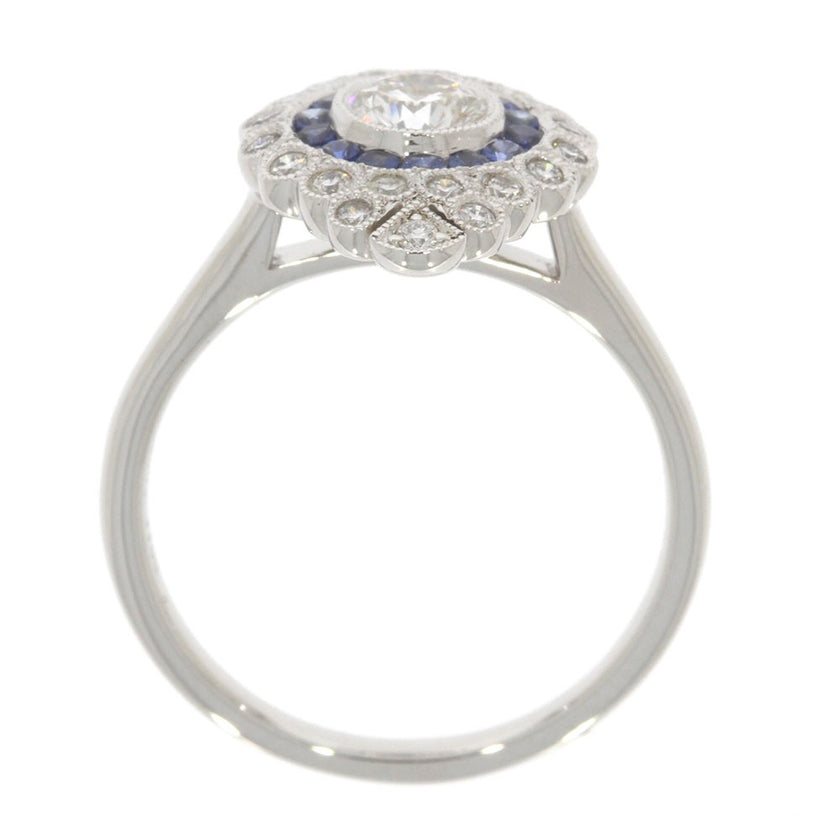 18K White Gold Blue Sapphire and Diamond Bezel Set Cluster Ring