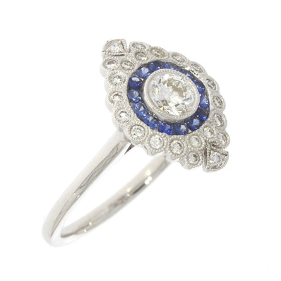 18K White Gold Blue Sapphire and Diamond Bezel Set Cluster Ring