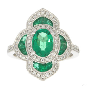 18K White Gold Emerald and Diamond Art Deco Style Flower Ring