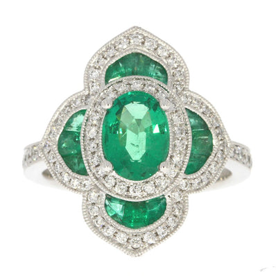 18K White Gold Emerald and Diamond Art Deco Style Flower Ring