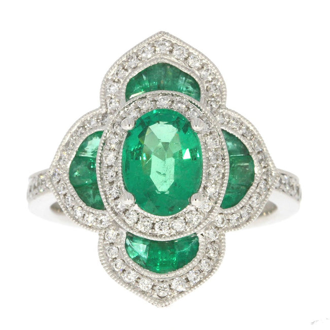 18K White Gold Emerald and Diamond Art Deco Style Flower Ring