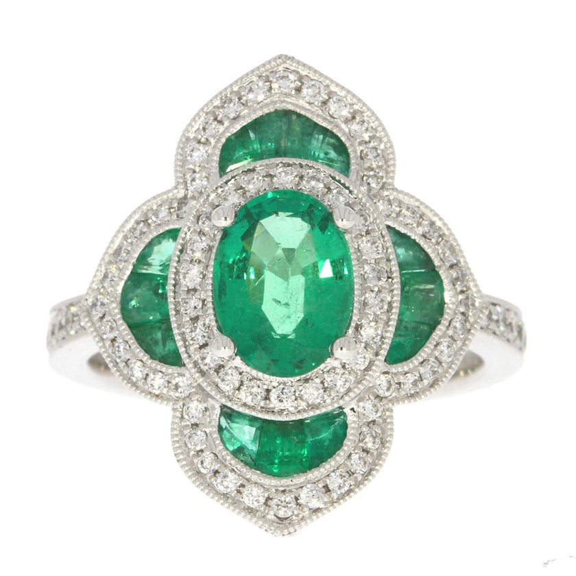 18K White Gold Emerald and Diamond Art Deco Style Flower Ring