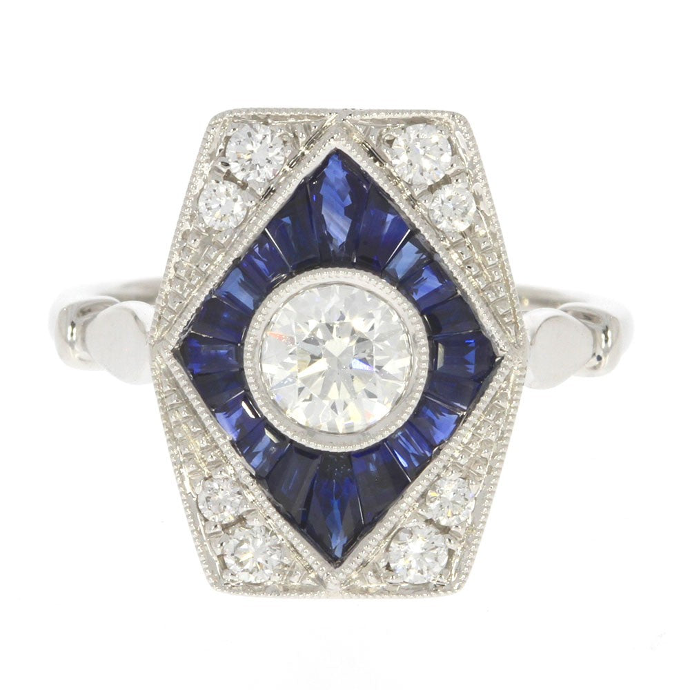 18K White Gold Bezel Set Diamond and Baguette Blue Sapphire Art Deco Style Ring