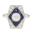 18K White Gold Bezel Set Diamond and Baguette Blue Sapphire Art Deco Style Ring