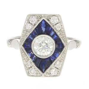 18K White Gold Bezel Set Diamond and Baguette Blue Sapphire Art Deco Style Ring