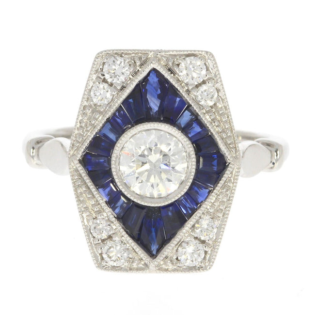 18K White Gold Bezel Set Diamond and Baguette Blue Sapphire Art Deco Style Ring