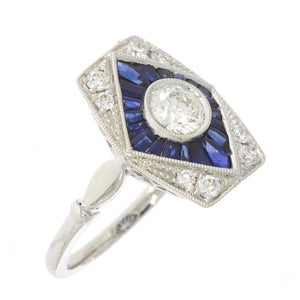 18K White Gold Bezel Set Diamond and Baguette Blue Sapphire Art Deco Style Ring