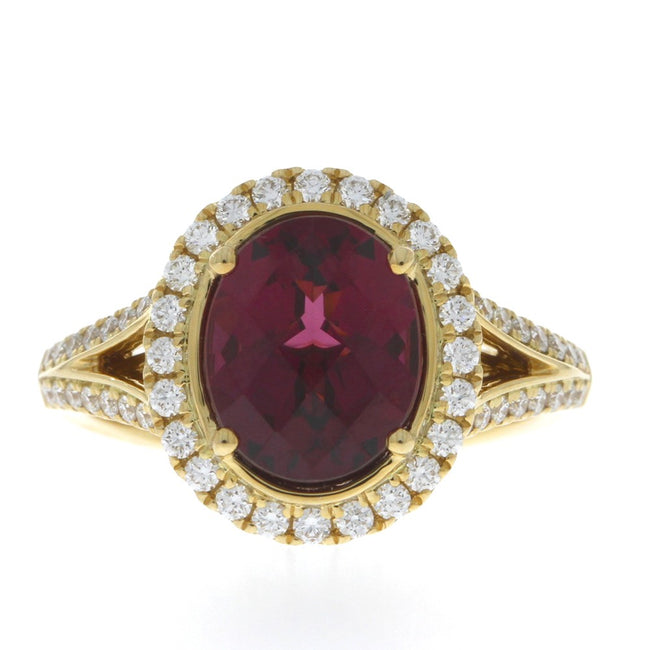 14K Yellow Gold Oval Rhodolite Garnet Ring, with Prong Set Diamond Accented Halo and Split Shank