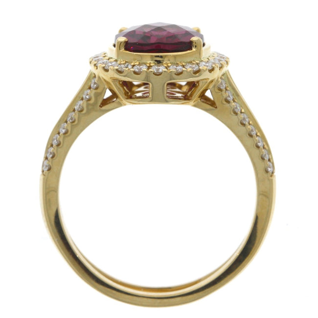14K Yellow Gold Oval Rhodolite Garnet Ring, with Prong Set Diamond Accented Halo and Split Shank