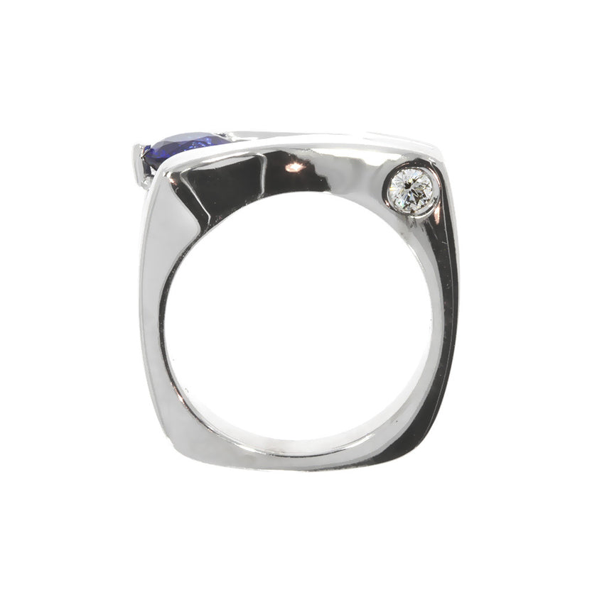 14K White Gold Blue Sapphire and Flush Set Diamond Ring