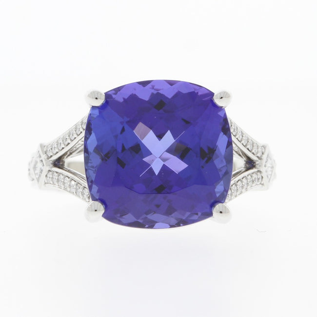 Platinum And Cushion Cut Tanzanite And Diamond Ring