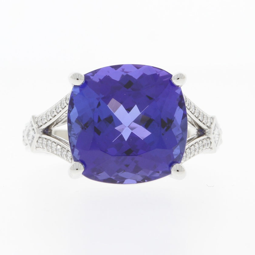 Platinum And Cushion Cut Tanzanite And Diamond Ring