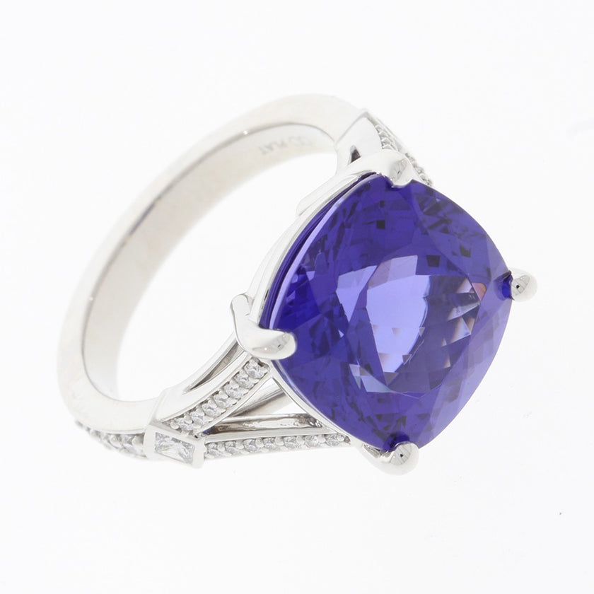 Platinum And Cushion Cut Tanzanite And Diamond Ring