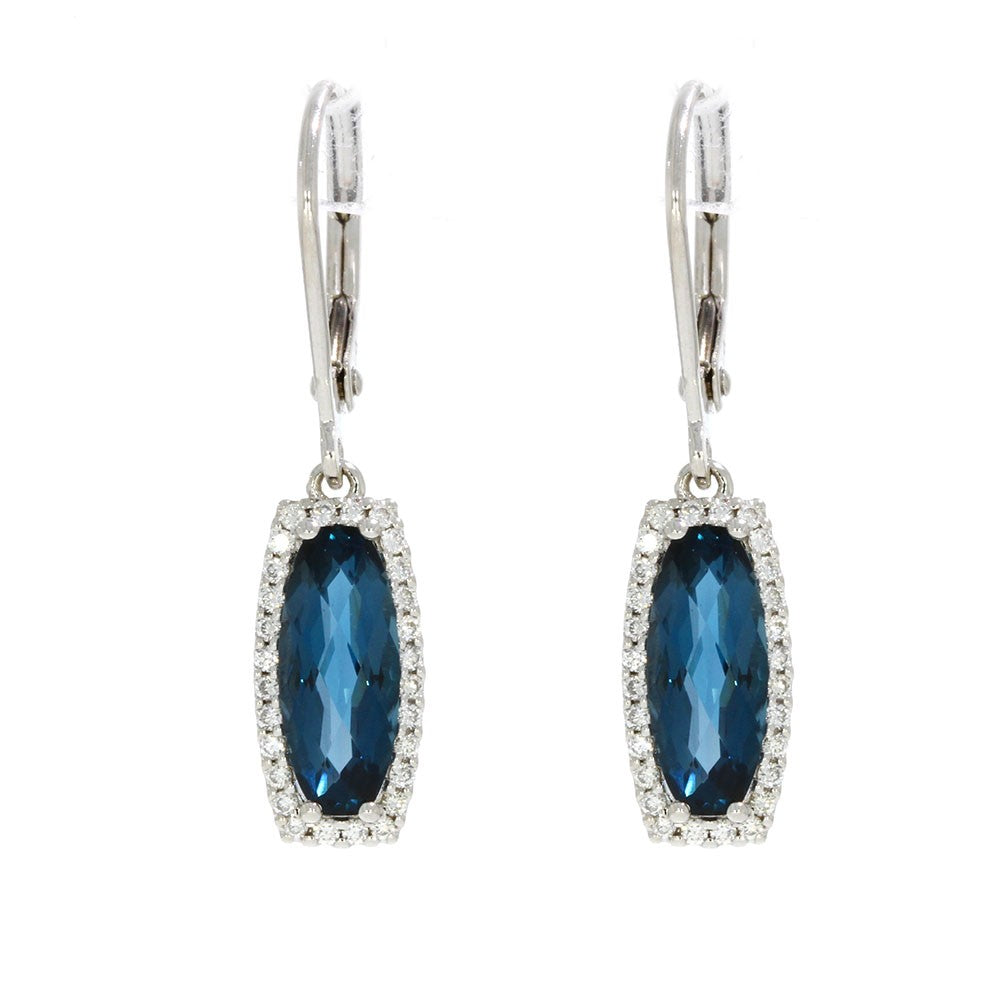 14K White Gold Blue Topaz and Diamond Halo Dangle Earrings